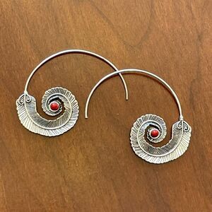Medium Silver Feather Spiral Earrings in Red or Turquoise Blue #687